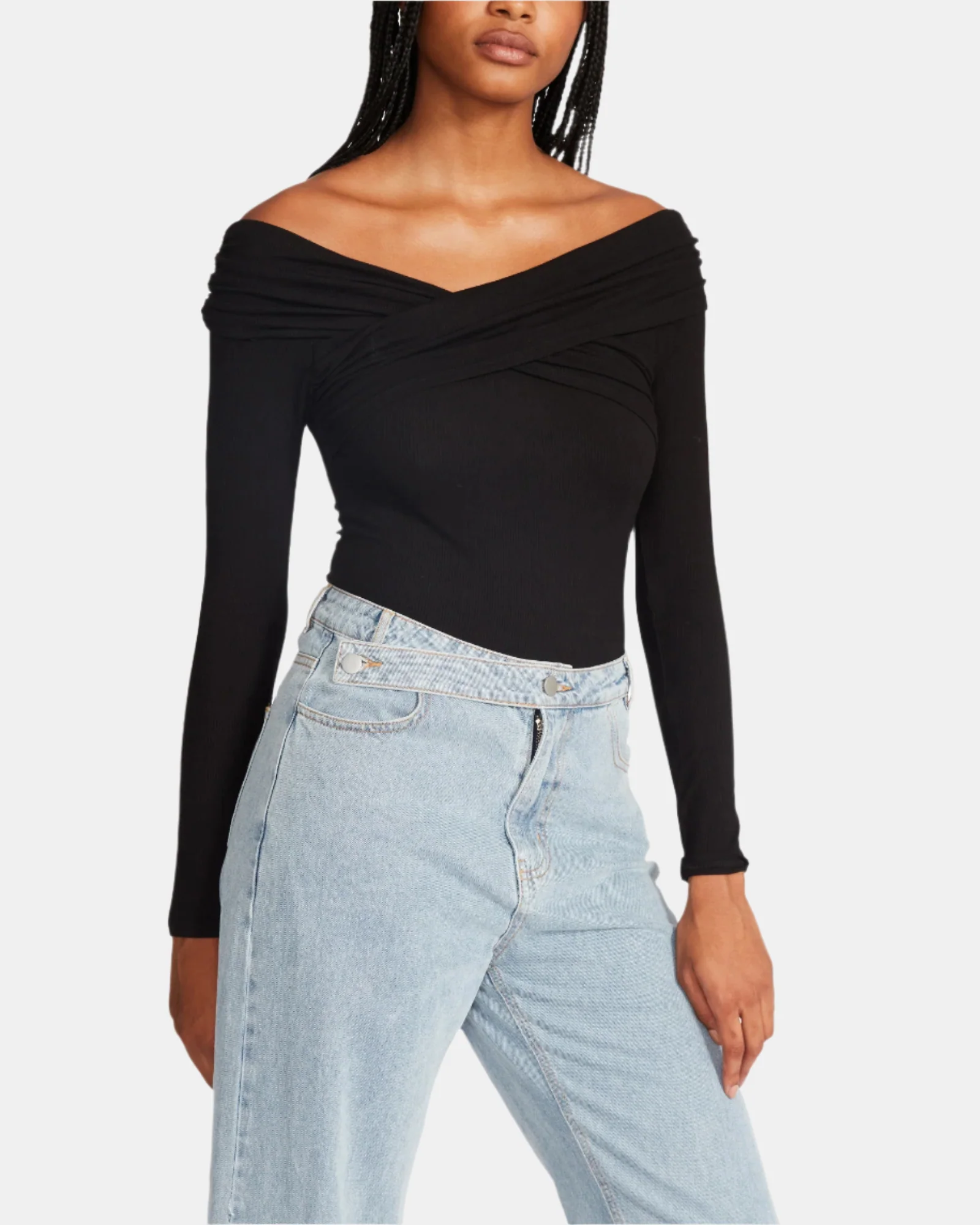 OFF SHOULDER RIB BODYSUIT BLACK