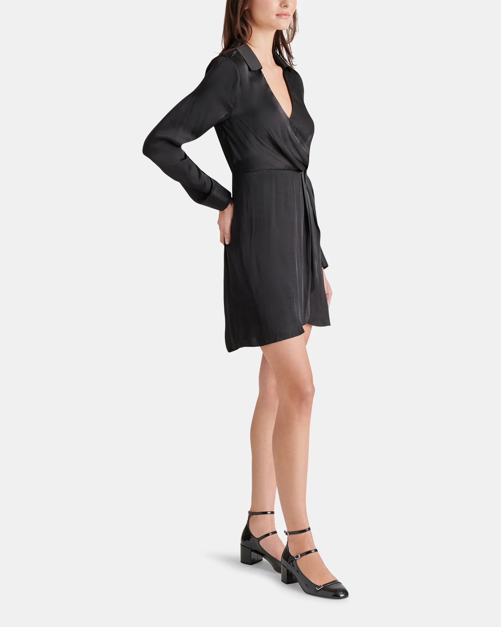 WASHED SATIN FAUX WRAP DRESS BLACK 4 WASHED SATIN FAUX WRAP DRESS BLACK