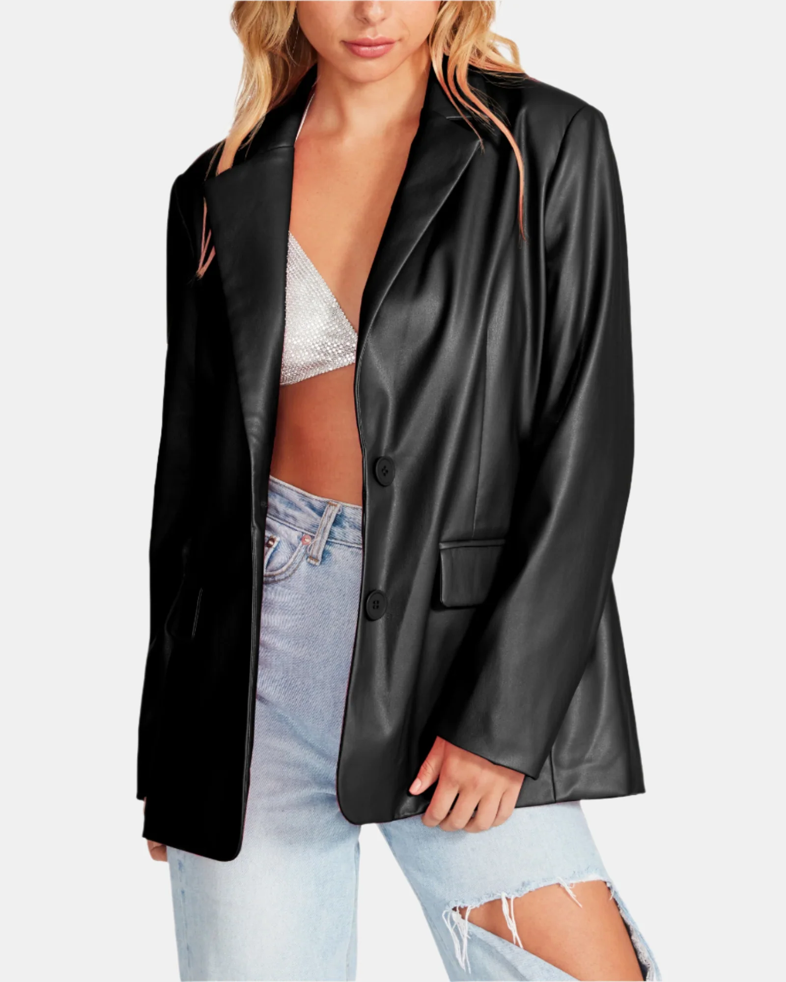 VEGAN LEATHER BOYFRIEND BLAZER BLACK