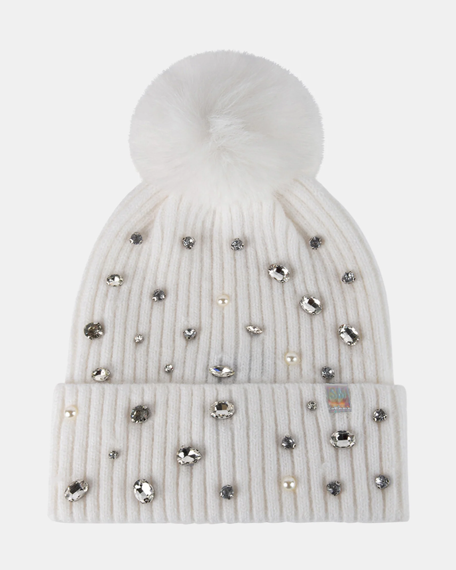 RHINESTONE RIB POM BEANIE NATURAL