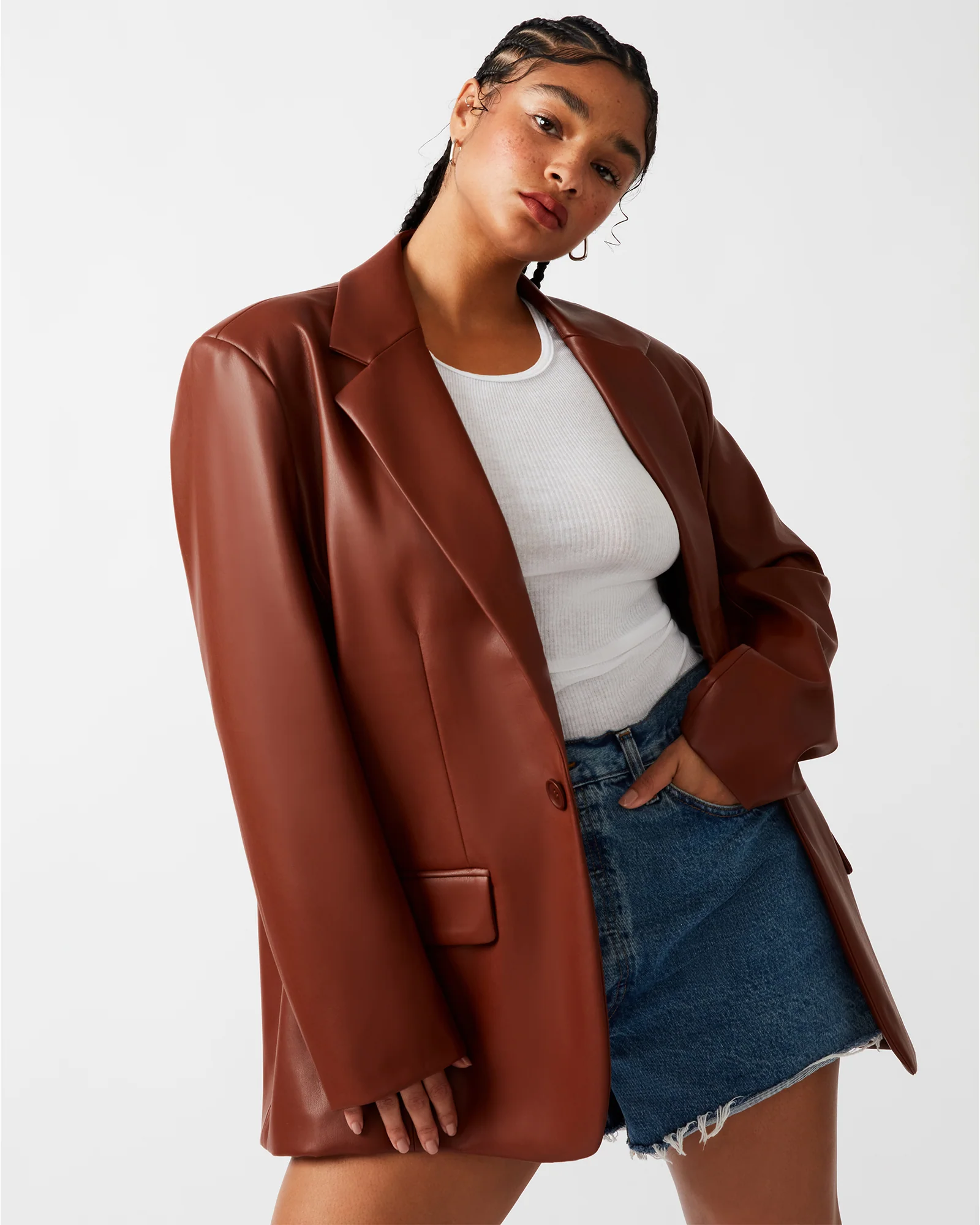 IMAAN FAUX LEATHER BLAZER TAN 3 IMAAN FAUX LEATHER BLAZER TAN